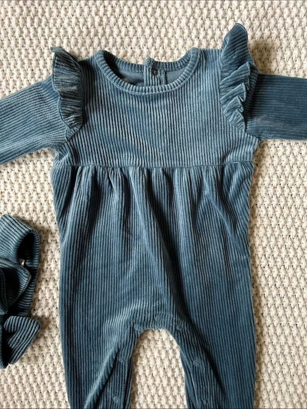 Baby Velour Ribbed One-Piece with Ruffle Shoulders - blue